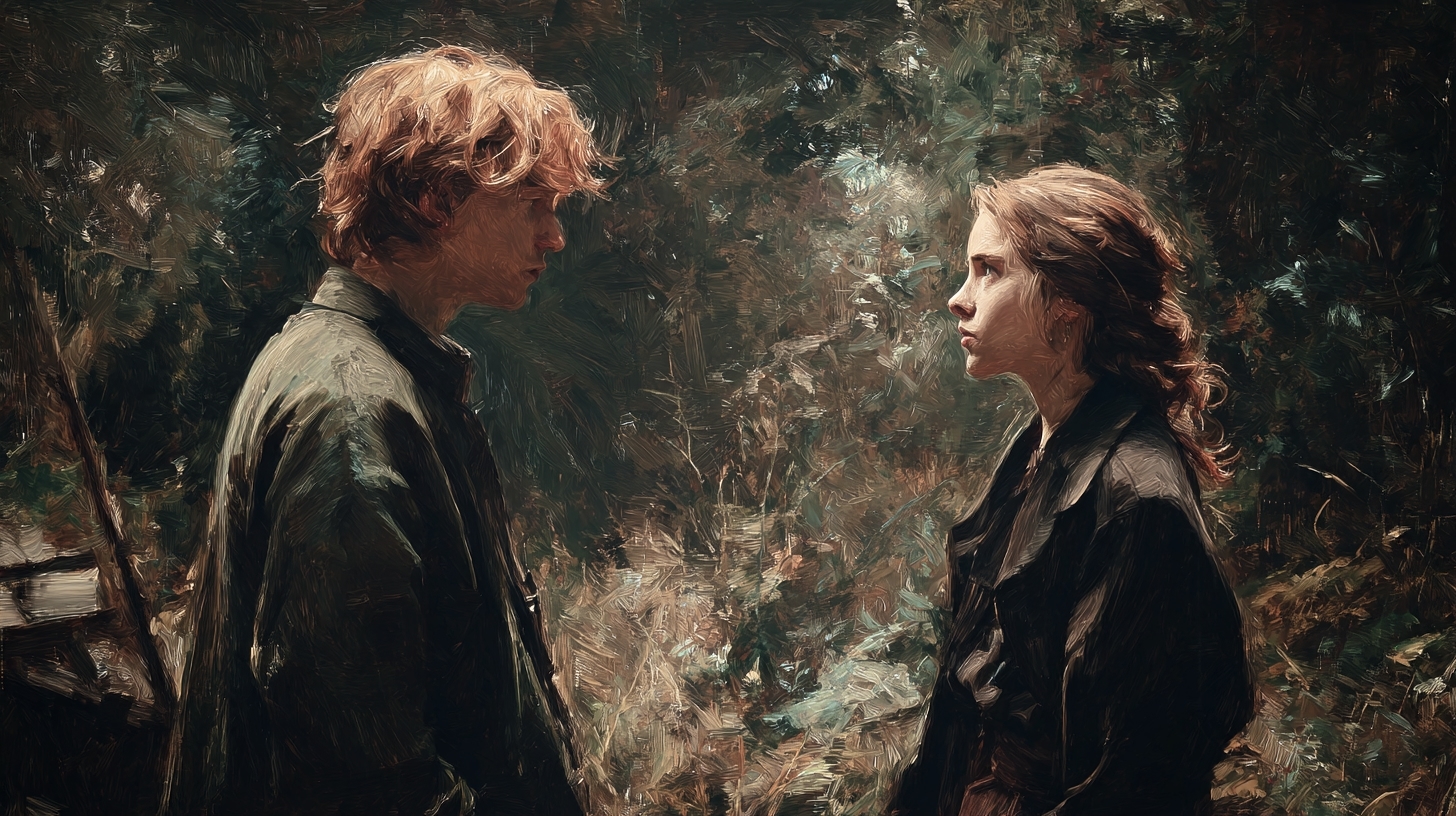 Deux jeunes gens parlent ensemble dans une clairière baignée de lumière, suspense psychologique autour du roman l'Ombre d'Alice Bomte
