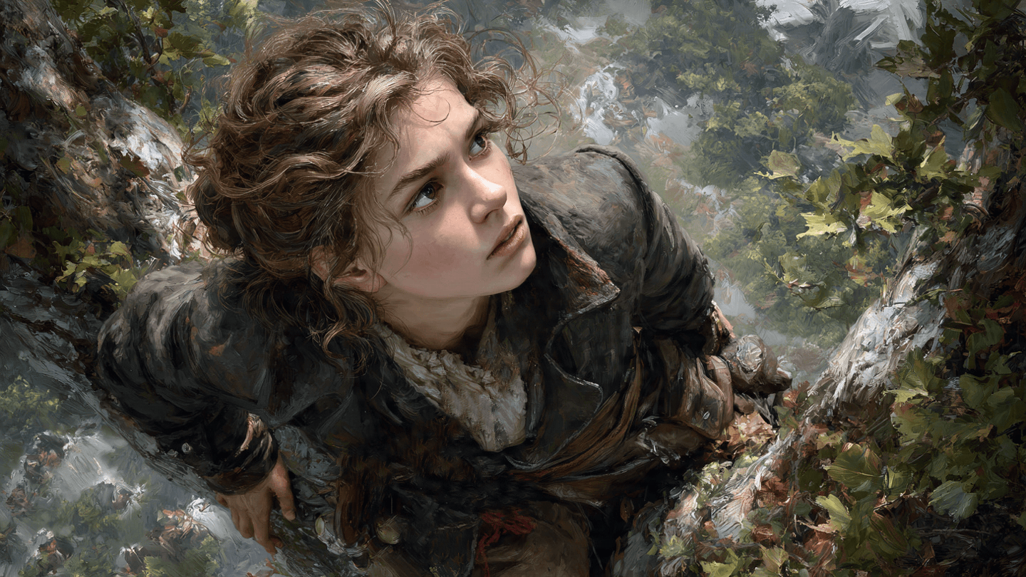 Portrait de style pictural d'Ilune, personnage du roman L'ombre, regardant vers le haut depuis un arbre, entourée de feuillage,roman d'A Bomte