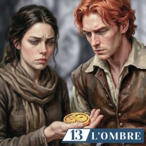 Ilune et Simon découvrent le médaillon de l'oiseau (son empreinte stylisée). Image pour le Chapitre 13, Les signes sous l'écorce du roman à suspense L’ombre écrit par Alice Bomte.