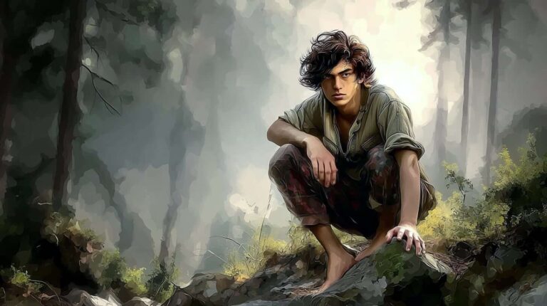 Un jeune homme effrayé, accroupi sur un rocher dans la forêt, scrute l’horizon. suspense psychologique, d'après Alice Bomte