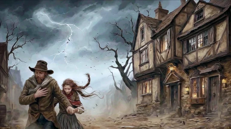 #15-Le vent de derrière les crêtes est violent, forçant un homme et sa fille à avancer courbés, roman d’Alice Bomte