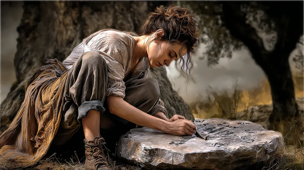 Une jeune femme grave des signes sur un rocher, roman d'Alice Bomte.webp