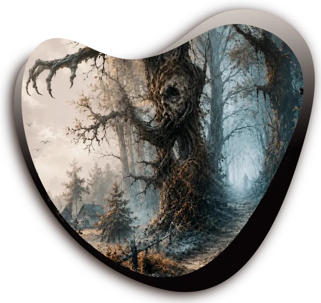 Un grand arbre effrayant en bordure de forêt, Alice Bomte