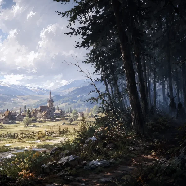 Un paysage de village, plein de mystère, en bordure de forêt, Alice Bomte